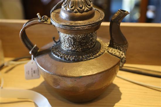 A Tibetan copper and silver teapot, 19th century, H. 26.5cm